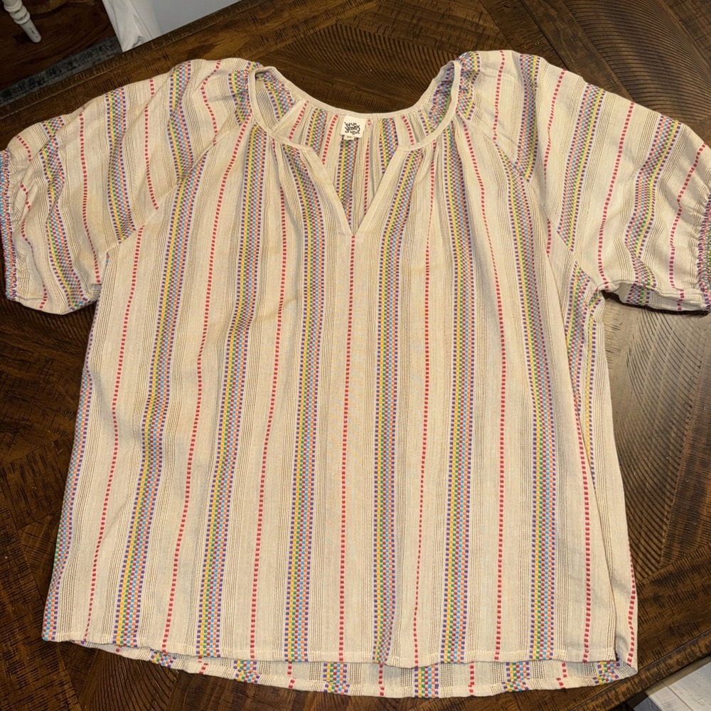 ivy jane Beige Striped Peasant Blouse with Pink, Yellow & Purple Accents